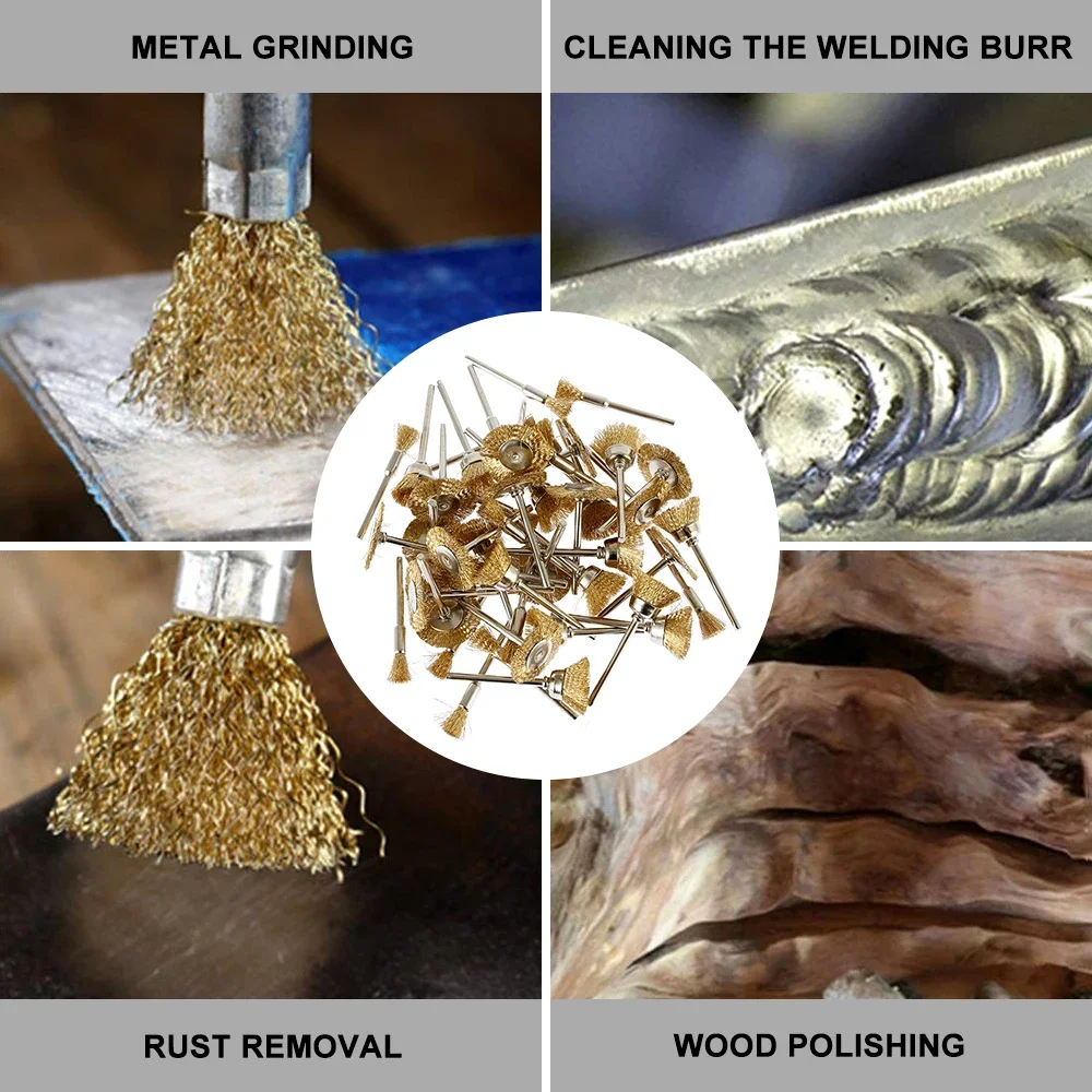 60PCS Draht Messing Rad Pinsel für Dremel Dreh Werkzeug Bohrer Metall Rost Entfernung Polieren Pinsel Entgraten T Form rad Pinsel