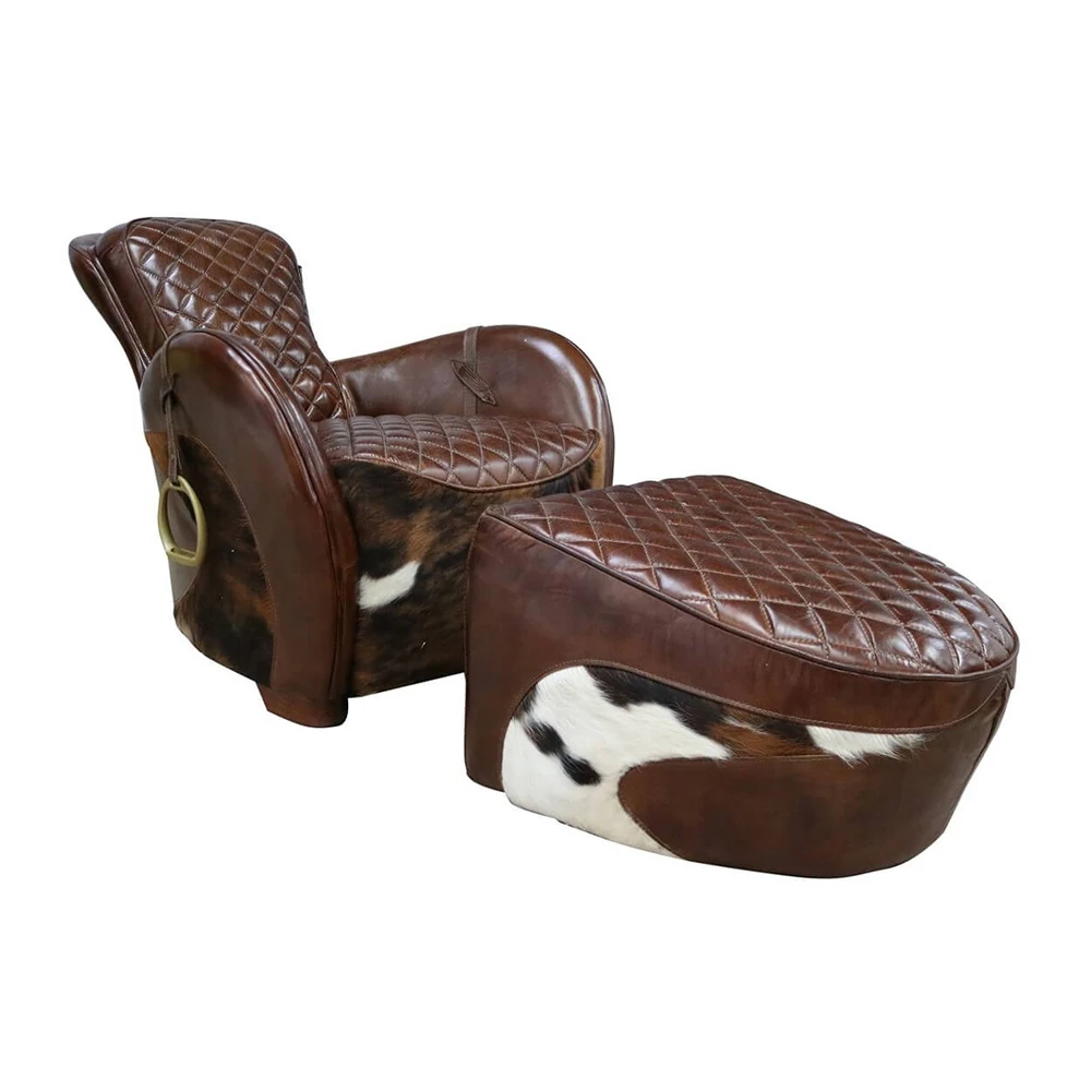 Retro Saddle Vintage Brown Lounge Distressed PU Leather Chair With Ottoman