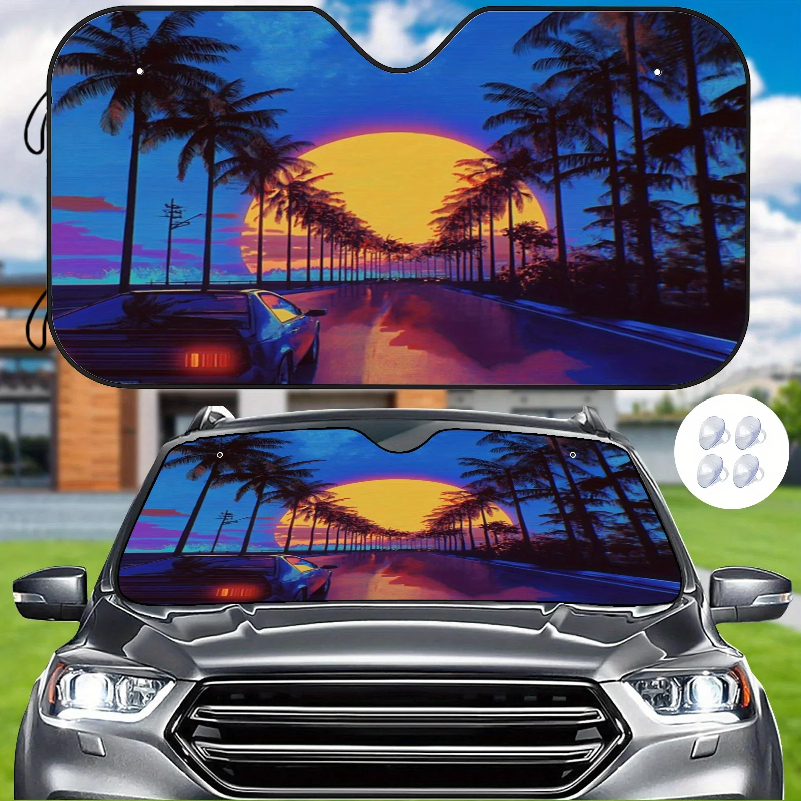 

1pc Vibrant Tropical Sunset Car Sunshade - Heat Reflective & Scratch-Resistant, Easy-Fit For Vehicle Interior Temperature Contro