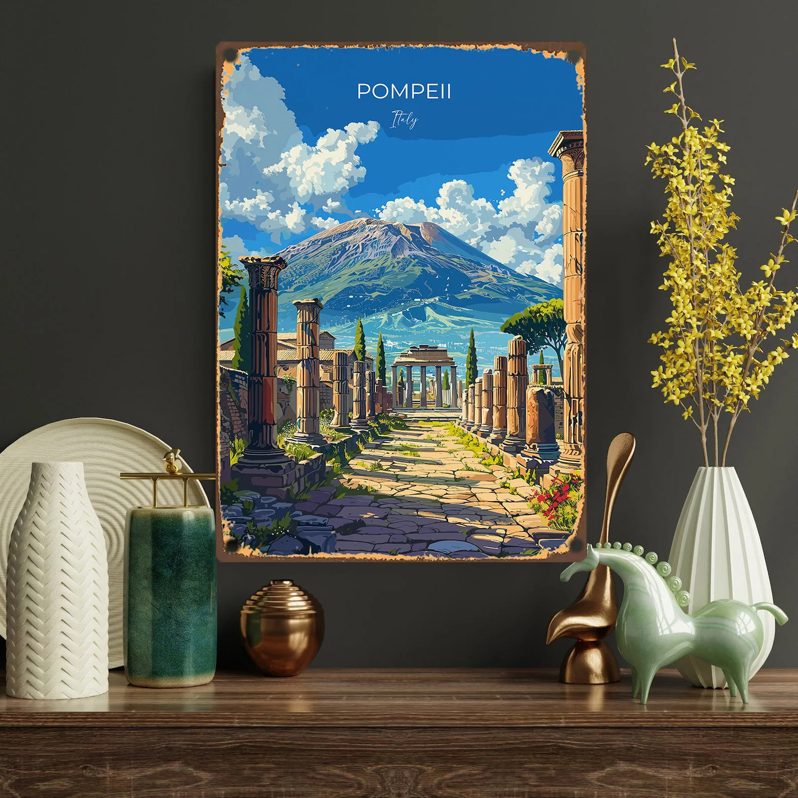 DDPNKL Vintage Pompeii ديكور فني جداري إيطالي لوح من القصدير المعدني الحديدي مع منظر طبيعي Vesuvius وأعمدة رومانية وأشجار السرو