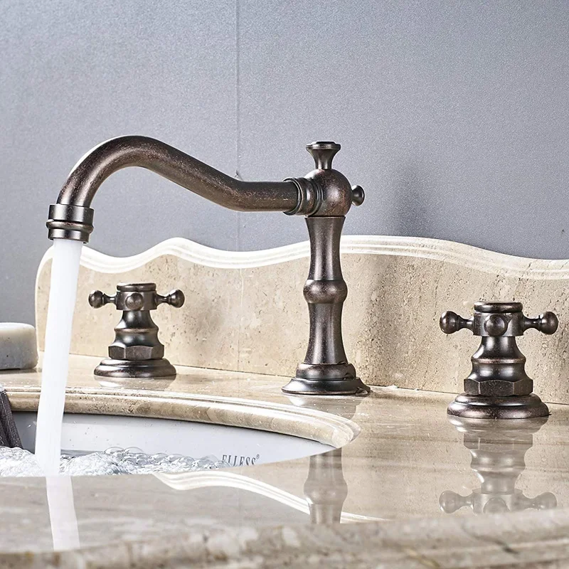 Vidric Antique Brass Deck Mounted Basin Faucet Widespread Bathroom Sink Washing Tap Dual Handle 3 Holes Basin Mixer Tap