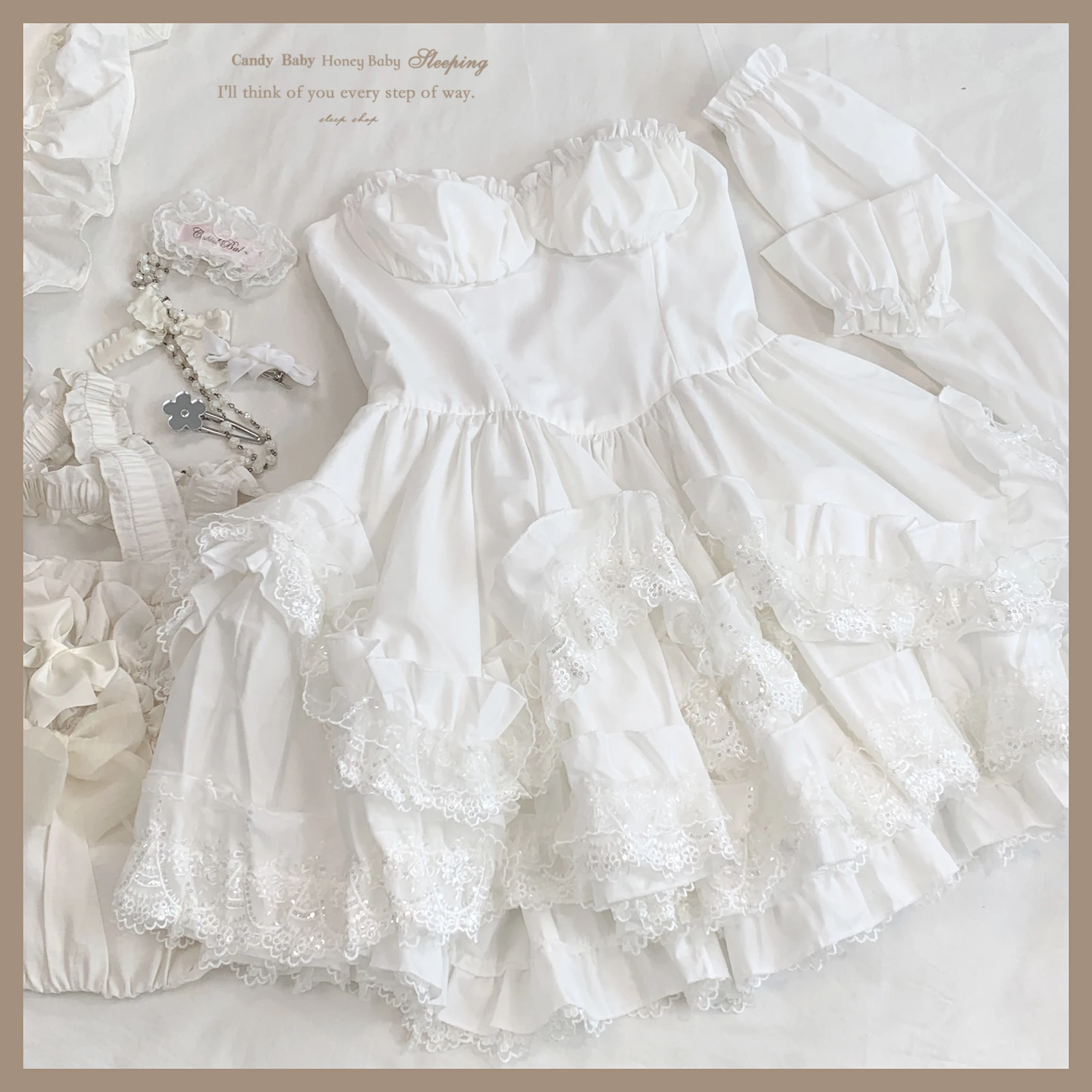 Mini vestido branco lolita para mulheres, mangas de renda com babados em camadas, top de cintura alta, vestido curto sem alças para meninas, japonês