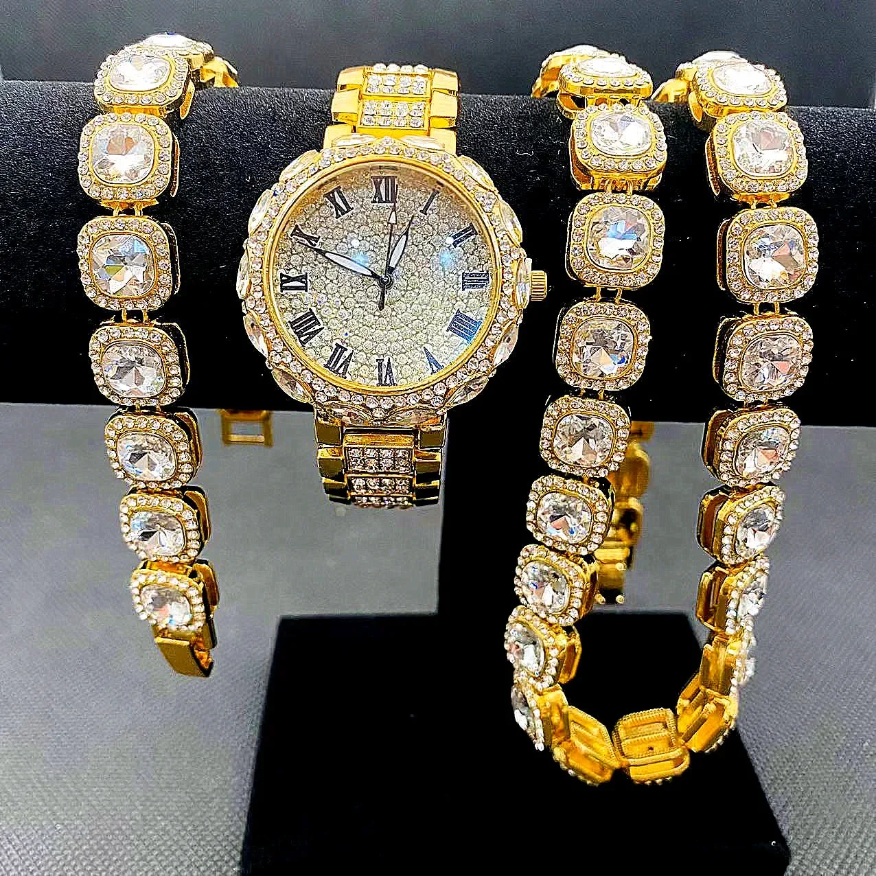 

3 шт., часы Iced Out для женщин, золотые наручные часы, серебряная цепочка, браслет, ожерелье, колье, блестящие украшения для женщин, кварцевые часы Reloj