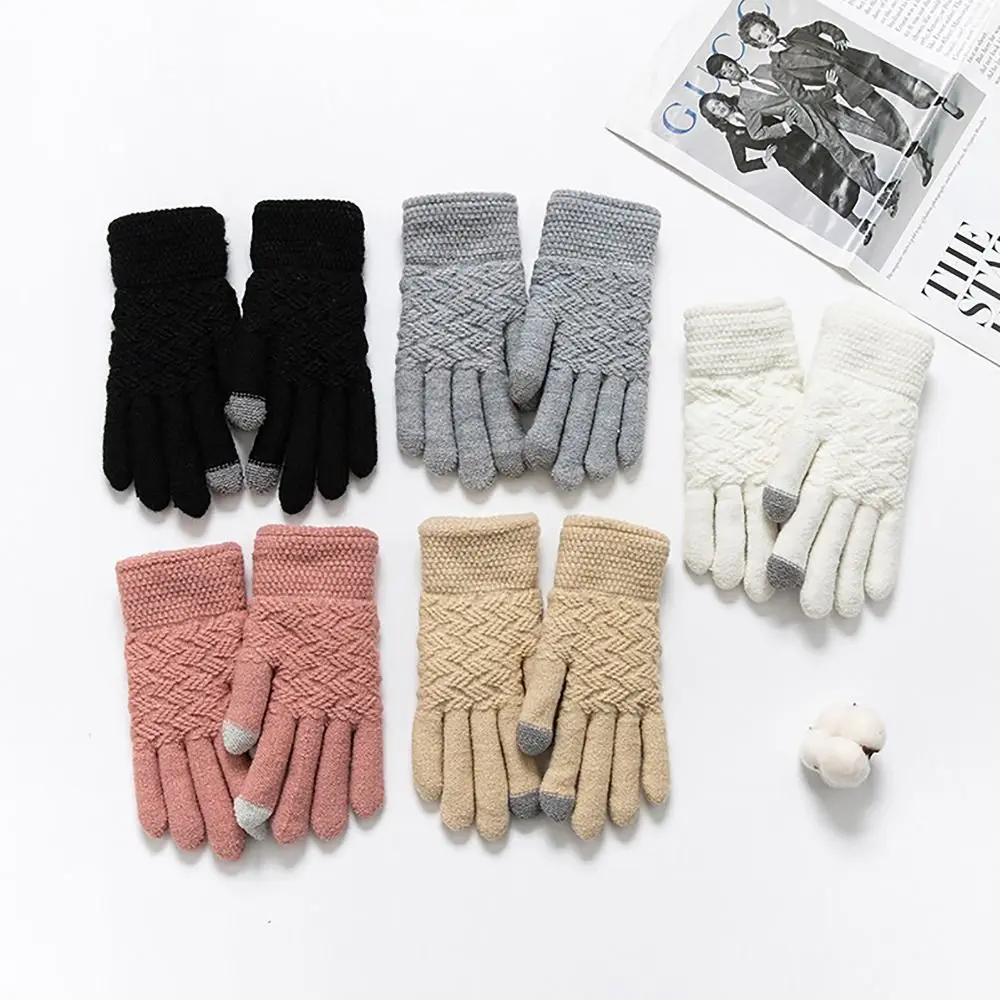 Knitted Wool Finger Gloves Thicken Screen Touchable Winter Riding Gloves Double Layer Korean Style Hand Warmer