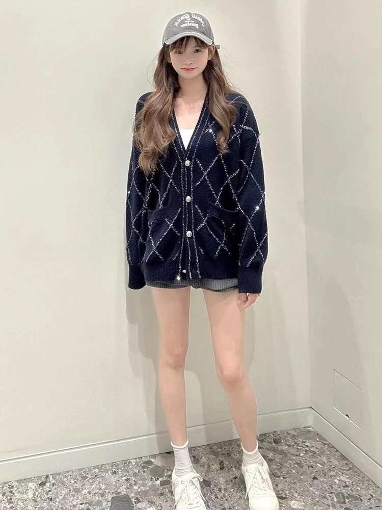 

Maja South Oil High End Women's Winter College Sle Diamond id Sequin V-ne Knitted Cardigan Jaet Fem Knitwear