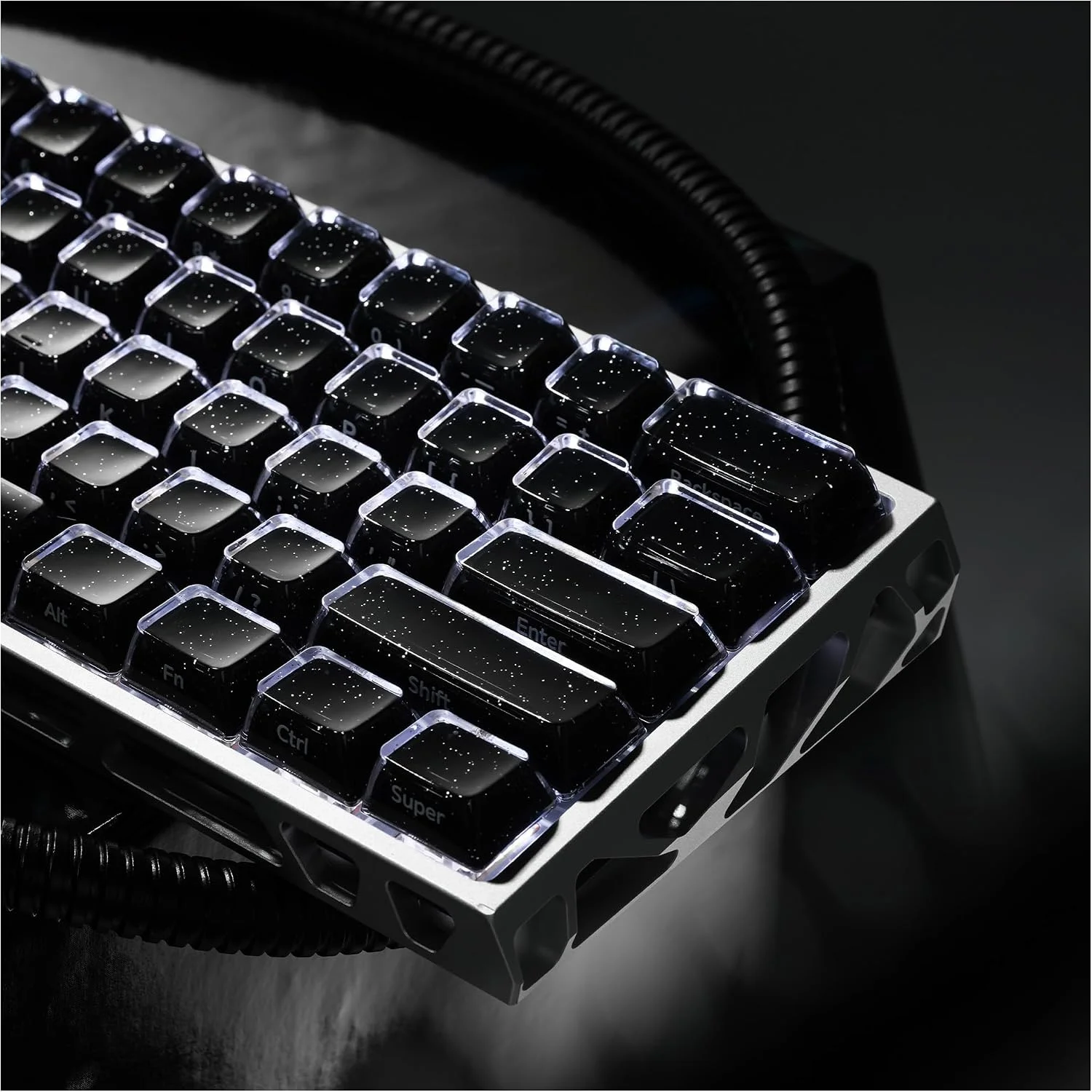 120Jelly Black Keycaps for the Above Keys, Crystal Starry Sky Keycaps, Glitter Side Engraving, ABS+PC+Glitter Powder