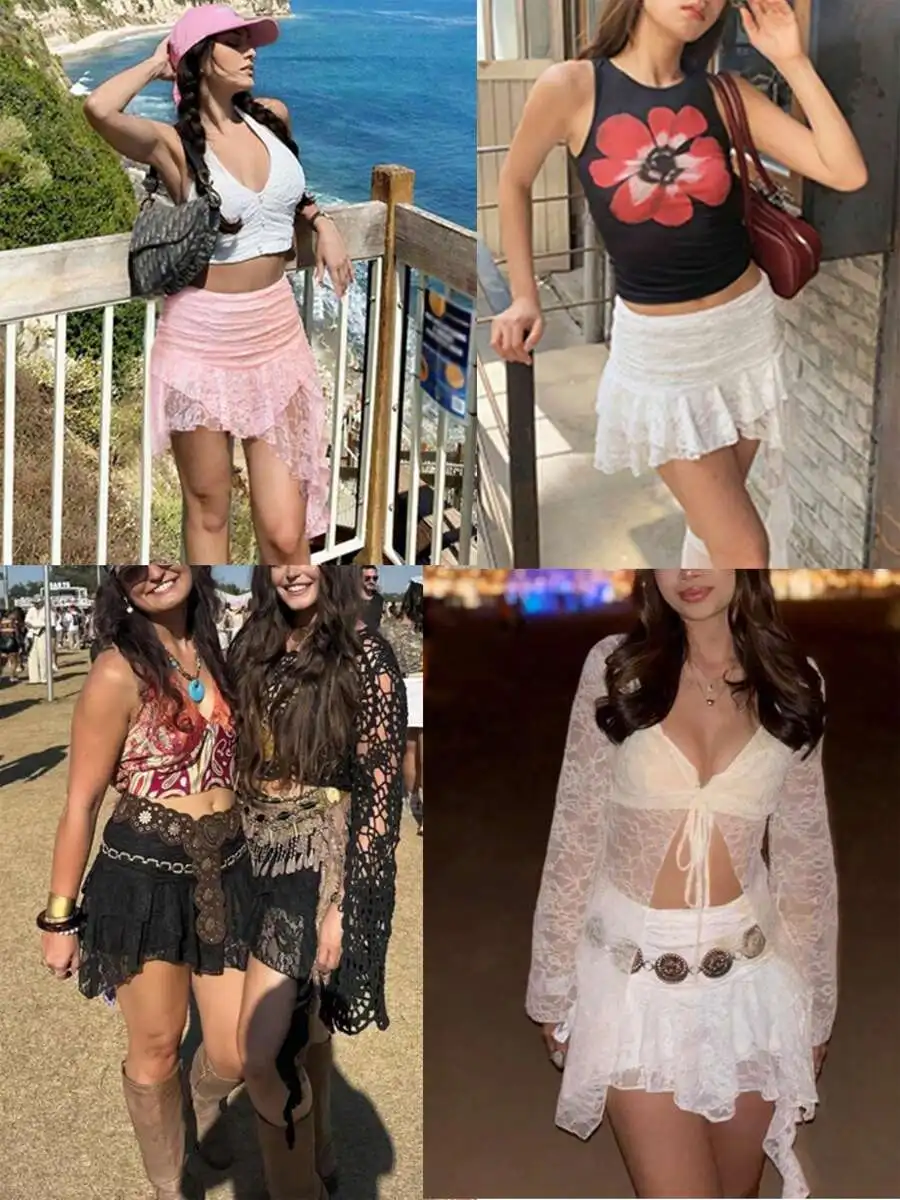 

Women Summer White Lace Mini Skirt With Shorts Low Rise Y2K Pleated Ruffle Fairy Chic Layered Asymmetrical Half Slip