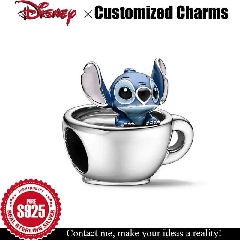 

925 Silver Charm Disney Stitch coffee cup Customizable beads for bracelet Original female Jewelry accessories Halloween gifts