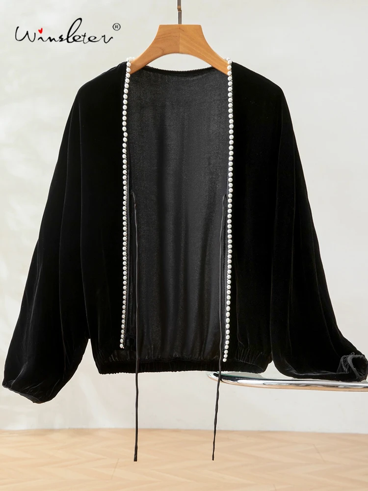 

Winsleter-Bottom 100%Real Silk Elegant Velvet Coat, Batwing Sleeve Beading, Women Temperament Loose Coat, 2025 Autumn C5O878CC