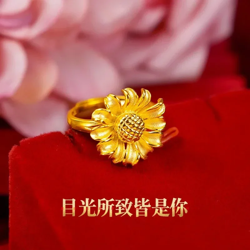 9999 Real Gold 24K Japan and Korea Fashion Gold Edition Sunflower Women's Ring Light Sand Sunflower Sunflower Ring Women