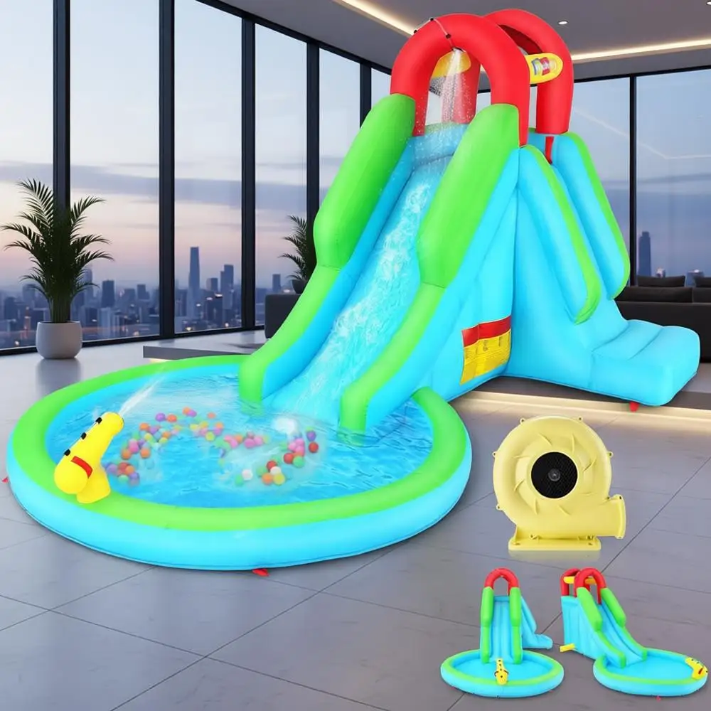 สวนน้ำเป่าลมรูปเพนกวินพร้อมที่ปีนป่าย สไลเดอร์ สระน้ำ และเครื่องพ่นน้ำสำหรับความสนุกสนานในสวนหลังบ้าน