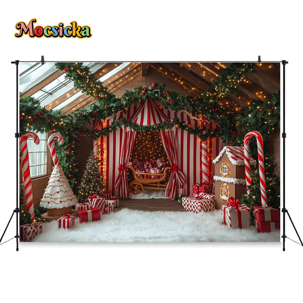 Christmas Candy Cane Tent Background Photography Xmas Gifts Sleigh Pine Tree Gift Backdrop Decor Kids Indoor Winter Photobooth