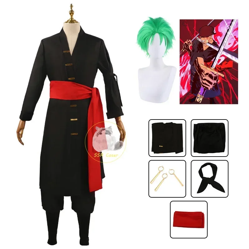 11Anime Roronoa Zoro Costume Cosplay Uniforme Cappotto Nero Cintura Pantaloni Testa Sciarpa Roronoa Zoro Parrucca Orecchini Halloween Uomo Vestiti
