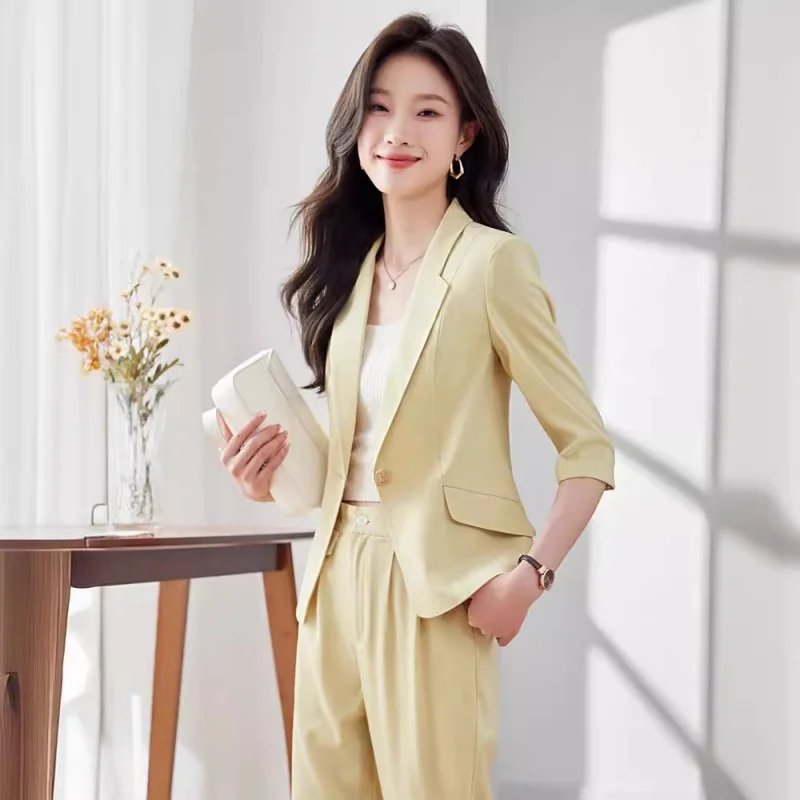 2024New Yellow Small Suit Jacket Women's Summer Thin Business Wear Temperament Leisure Small Suit Suit