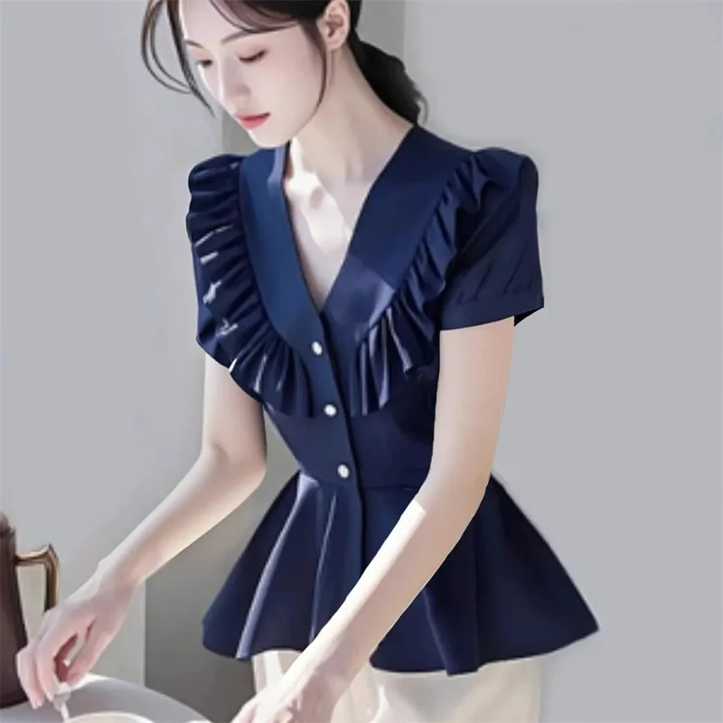 

Unique And Beautiful Blouse Female 2025 Summer High-Grade Super Nice Waist Blue Ruffled Short-Sleeved Shirt