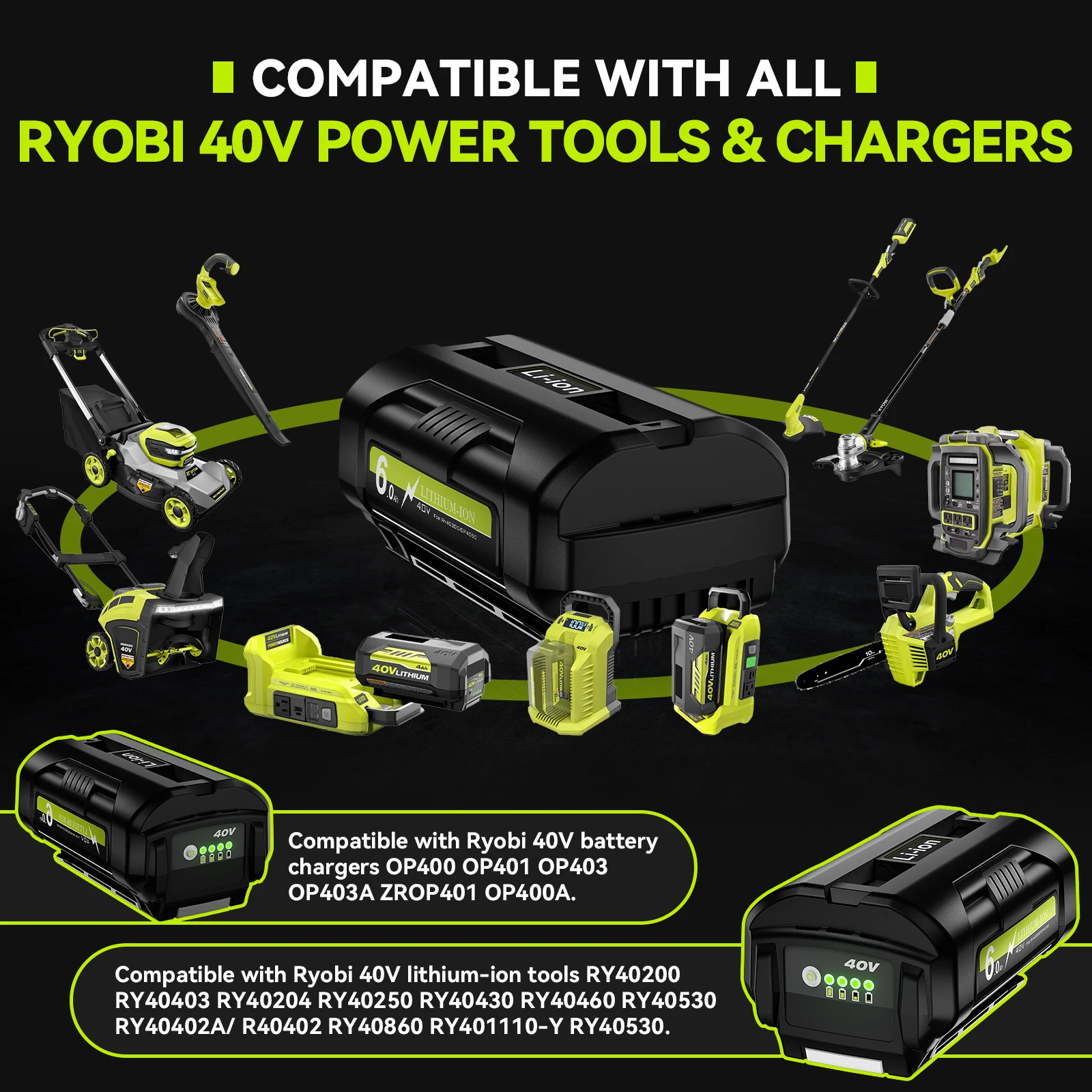 Premium Grade Ryobi 40V 6000mAh Li-ion Battery – OEM Compatible for OP4050 OP4026 OP40401, RY40502 RY40200 Cordless Tools
