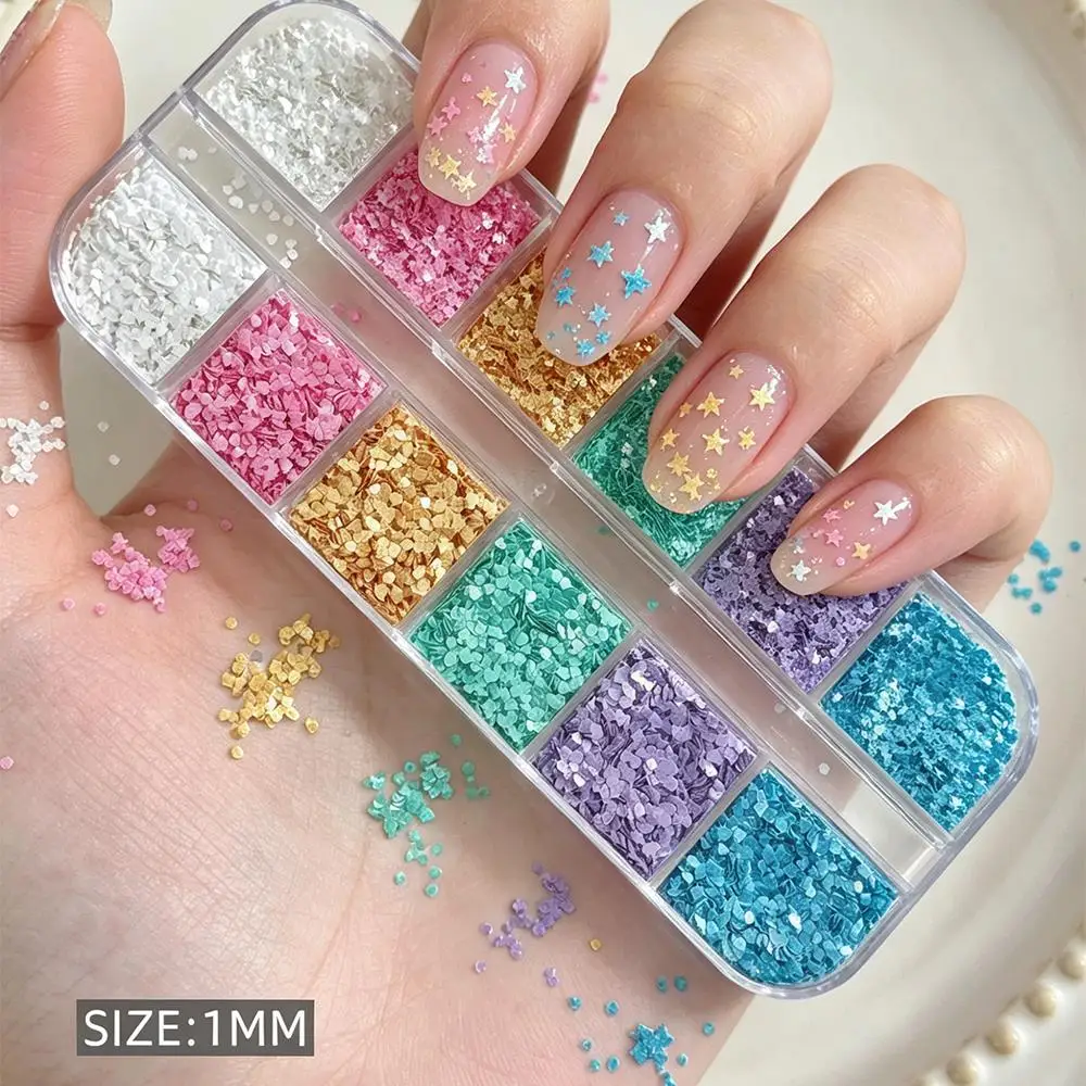 12Grids 3D Macaron Star Heart Nail Sequins 1MM Mini Colorful Love Pentagram Nails Art Flakes DIY Dopamine Manicure Accessories P