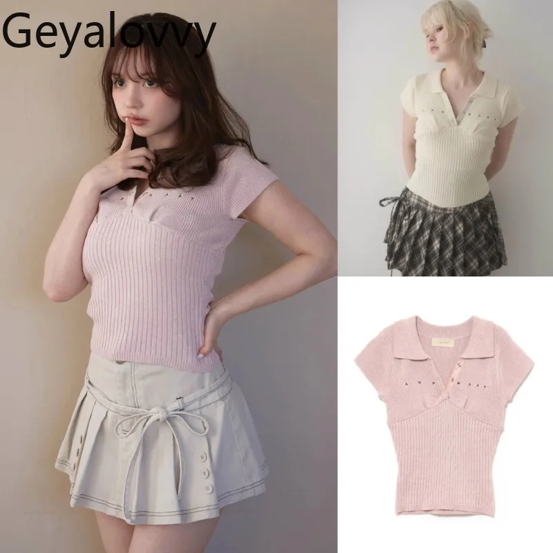 

Летний японский нишевый милый облегающий универсальный верхний лацкан с вышивкой контрастного цвета вязаный свитер футболка с короткими рукавами