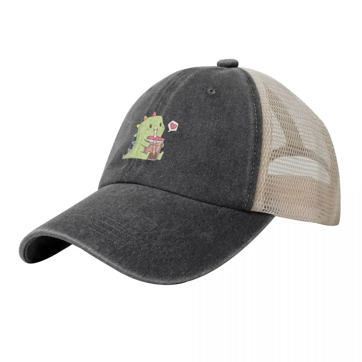 Cute Dino with Rainbow Spikes Loves Bubble Tea Cowboy Mesh Baseball Cap |-F-| Golf Men Women's