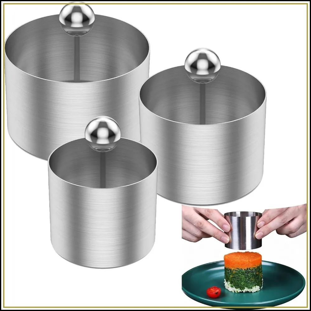 3-teiliges Sushi-Formen-Set, Onigiri-Sushi-Herstellungsformen aus Edelstahl, Runde Gebäckringe, Kuchenformringe mit Drücker, Präsentationsringe für Speisen, Thunfisch-Tartar-Form