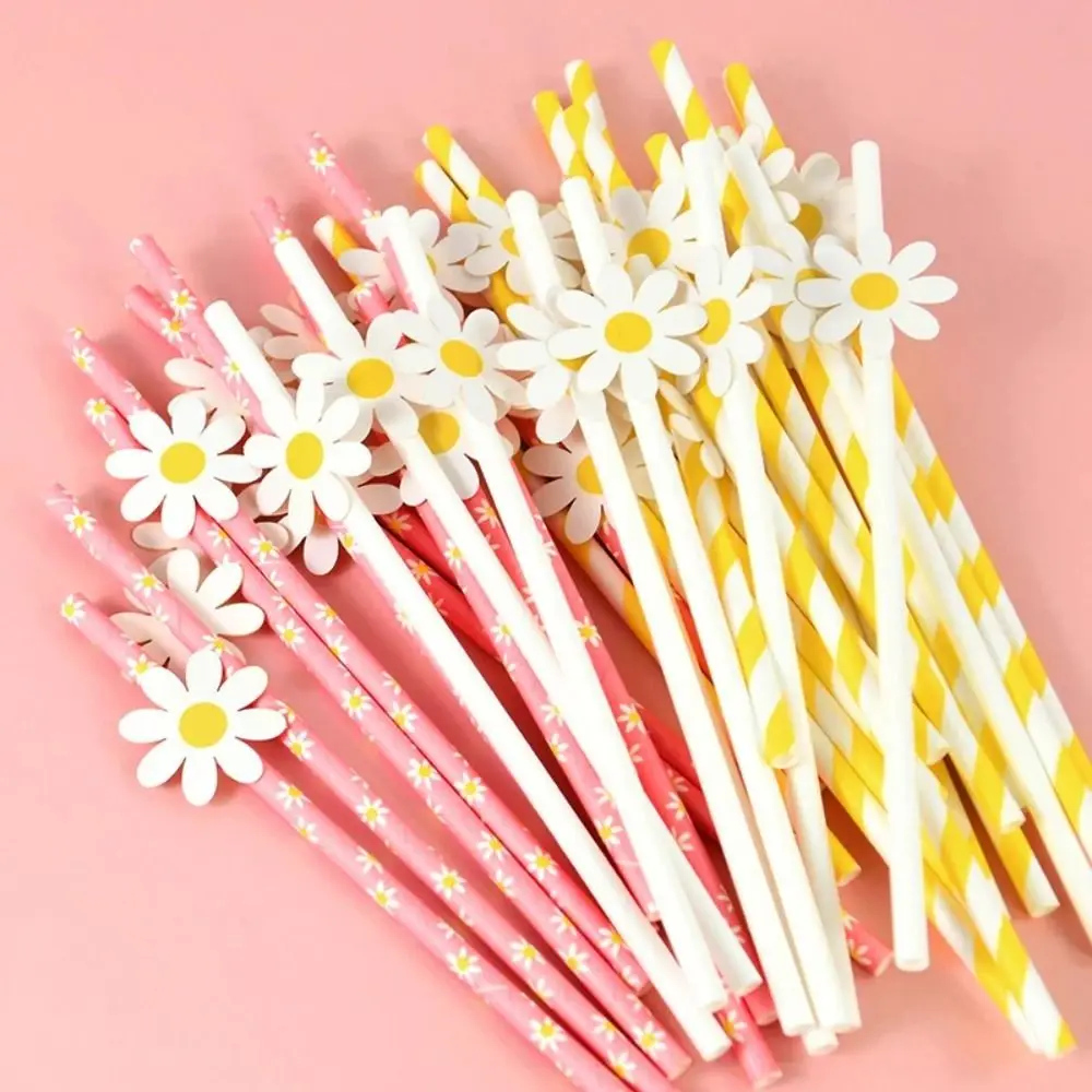 20pcs Paper Daisy Straws Party Decorations Long Degradable Drinking Straw 6mm Stripe Pattern Disposable Straws Girls