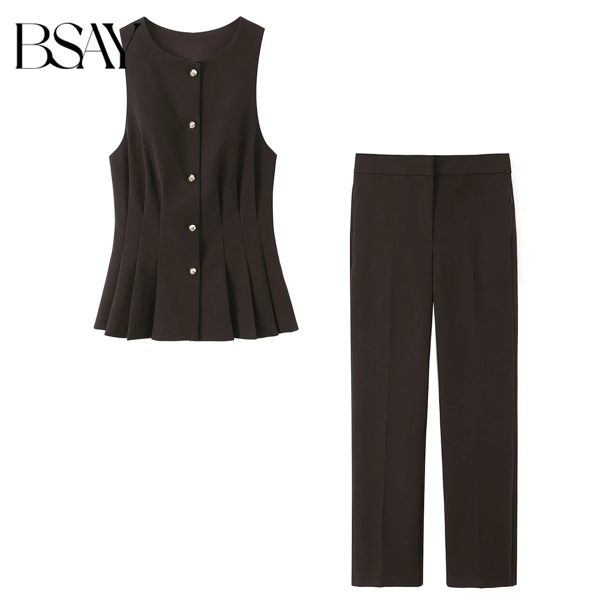 

Костюм женский BSAY 2026 Весна-Лето, винтажный, 2 предмета: жилет с плиссировкой на одной пуговице и длинные брюки. Элегантный офисный комплект.