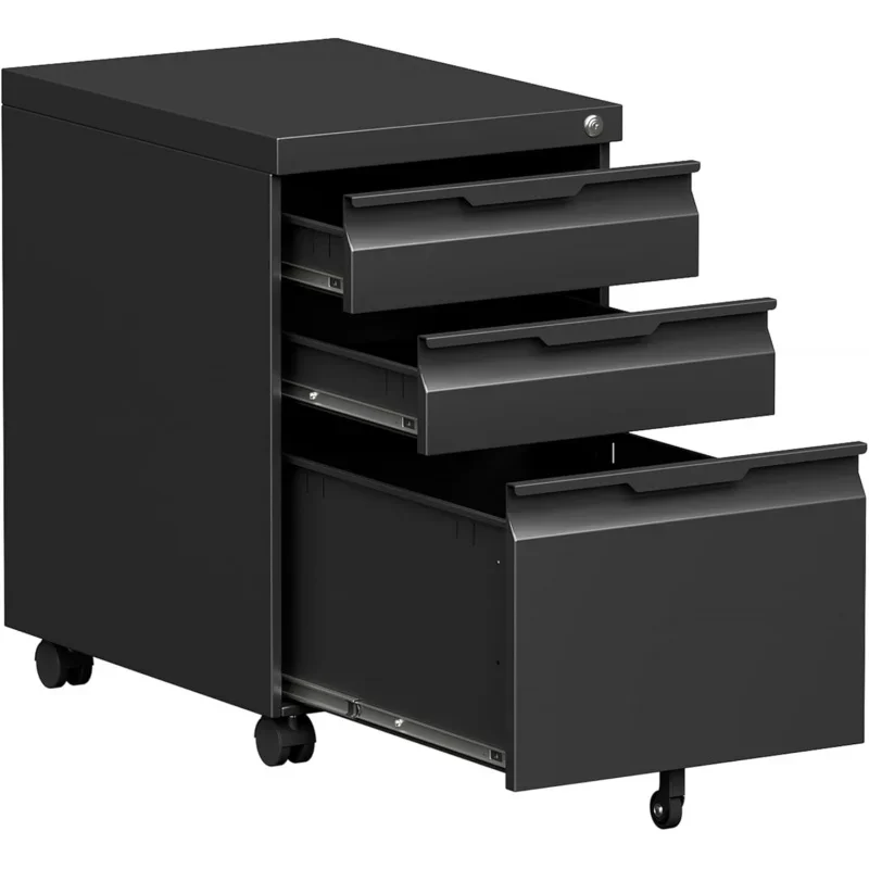 3 Drawer Cabinet on Wheels, Mobile File with Lock  Letter/Legal/A4 File, Metal Rolling File Cabinets Home Office (Black)