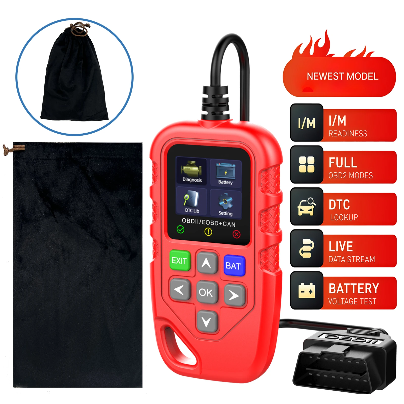 

Профессиональный сканер OBD2, автомобильный диагностический инструмент с библиотекой DTC 49000, прямая трансляция передачи данных, проверка напряжения батареи, освещение двигателя