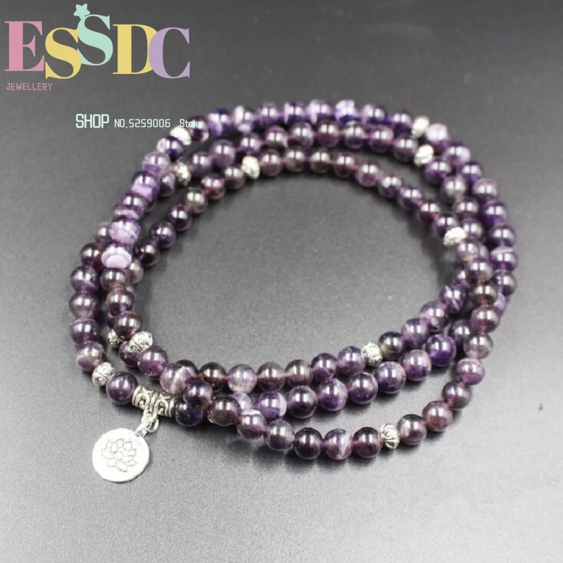 High Quality 8mm Natural Purple Crystal Stone with Lotus 3D Pendant Energy 108 Mala Bracelet or Necklace Yoga Jewelry Wholesale