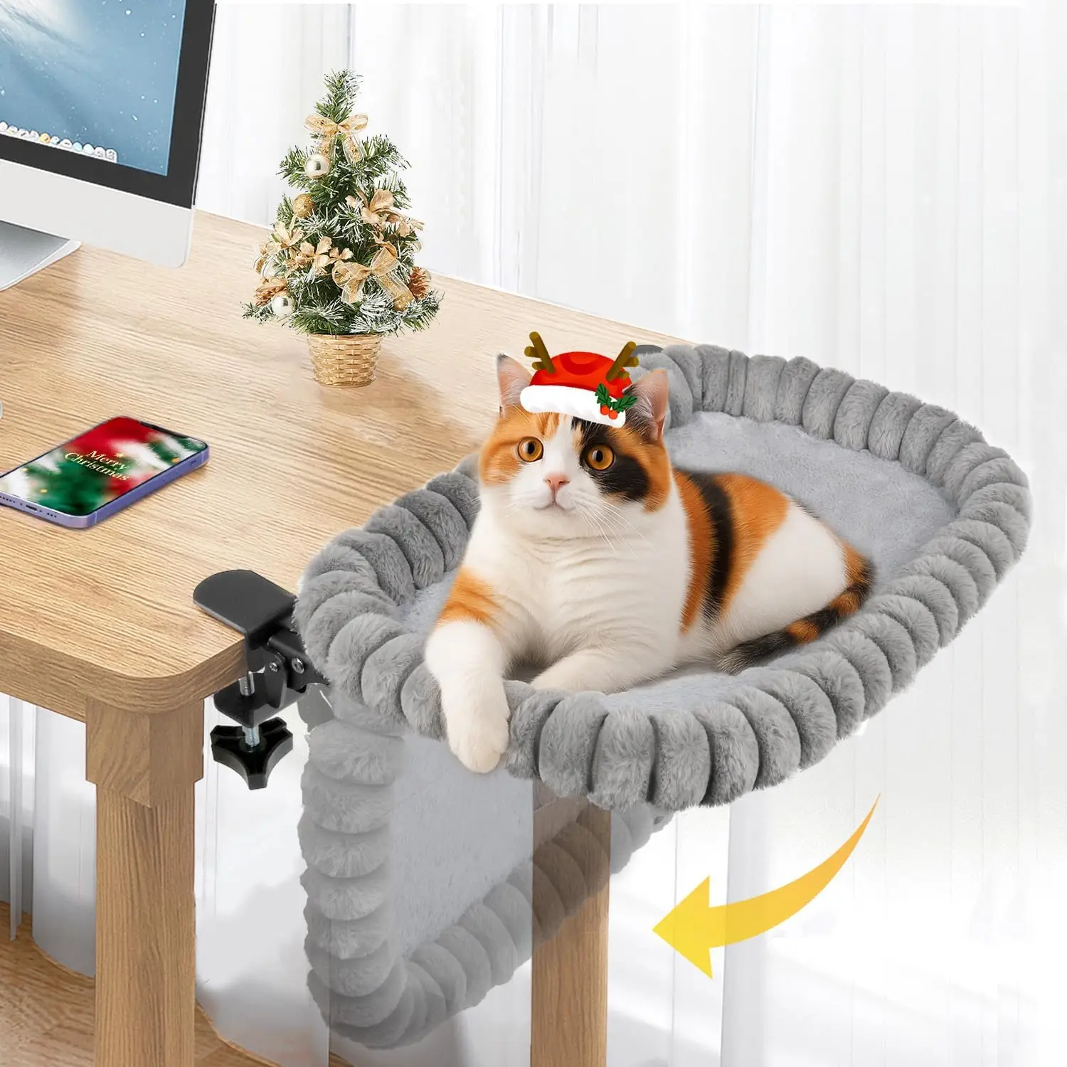 

Cat Desk Bed with 90° Foldable Design, 2 Washable Covers, Steel Frame Supports 40lbs