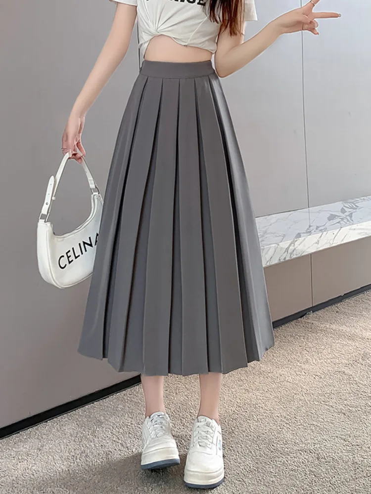 

Japan Style Elastic Pleated Skirt Solid Color Fashion All Match Mid Length A-line Skirts Women 2024 Spring Summer X758