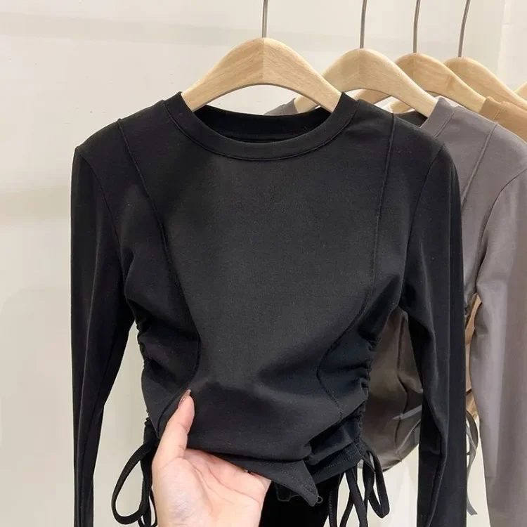 ZOETOPKID Cropped-Top mit Kordelzug für Mädchen, einfarbig, für Grundschülerinnen, Frühling/Herbst, Kinder-T-Shirts, Langarm, Kinder-T-Shirt – Detail 5