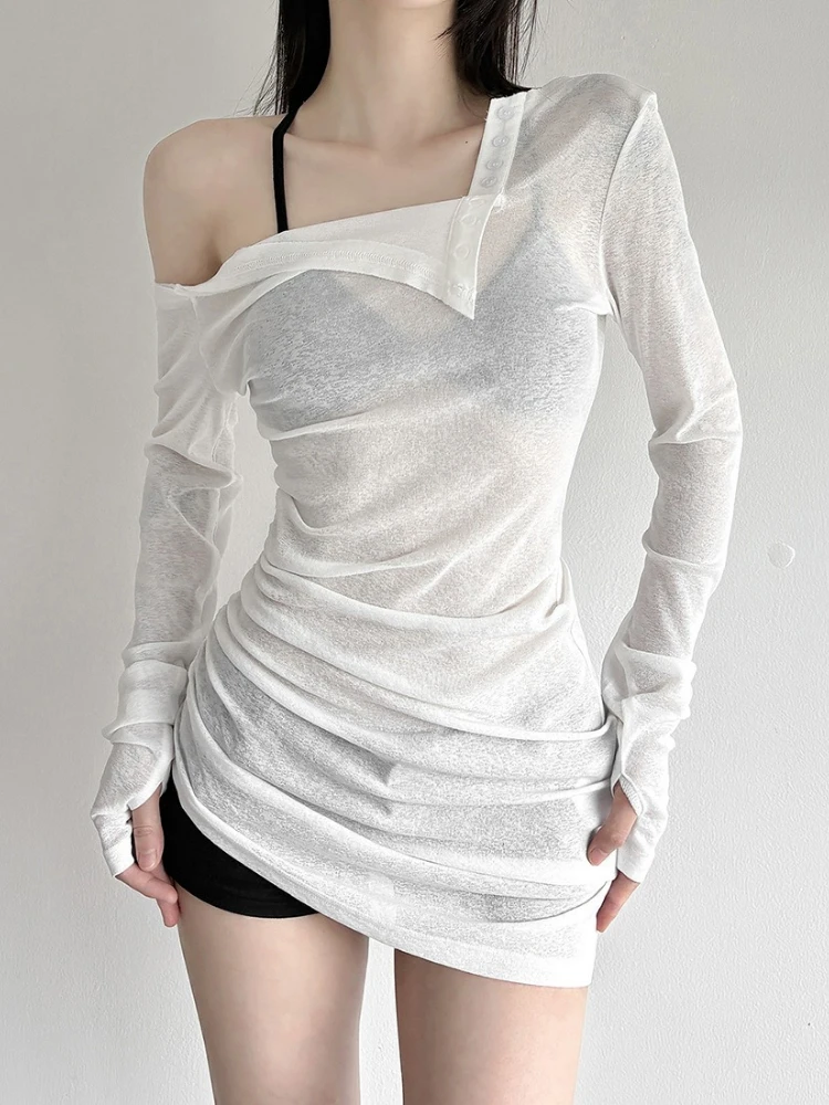 

Y2k Aesthetic Skew Collar Button Fairy Tshirts Women Harajuku See Through T-shirt Streetwear Irregular Pleated Slim Fit Tees