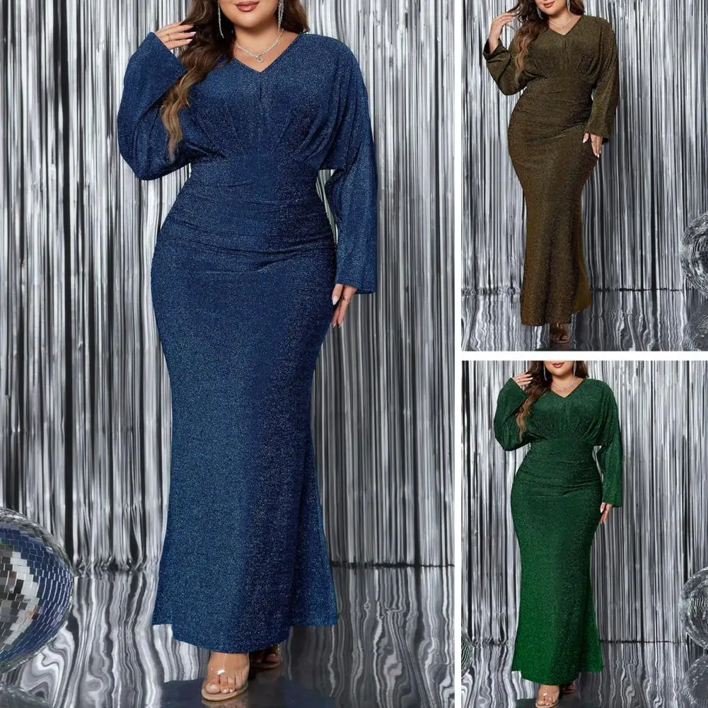 

Plus Size V Neck Shiny Long Irregular Sleeve Evening Dress Big Size Shiny Luxury Black Wedding Banquet Prom Evening Dress
