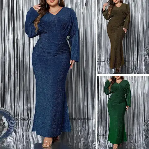 Plus Size V Neck Shiny Long Irregular Sleeve Evening Dress Big Size Shiny Luxury Black Wedding Banquet Prom Evening Dress