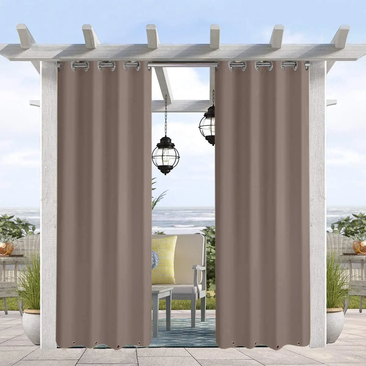 

Taupe Grey Grommets on Top and Bottom, Privacy Panel Drapery for Patio Porch Gazebo Cabana, 50" W x 120" L