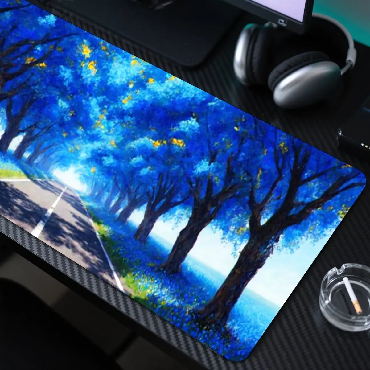 Scenic Blue Tree Lane Desk Mat, 31.5in x 11.8in, non-slip base, vibrant HD print, perfect for gaming and office use.