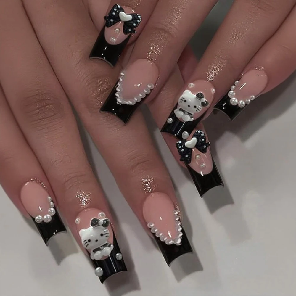 24Pcs Black Bowknot Hello Kitty Press-on-nails 3D Pearl Bow Coffin French False Nail Patches Y2k Cartoon Wearable Fake Nails #_%