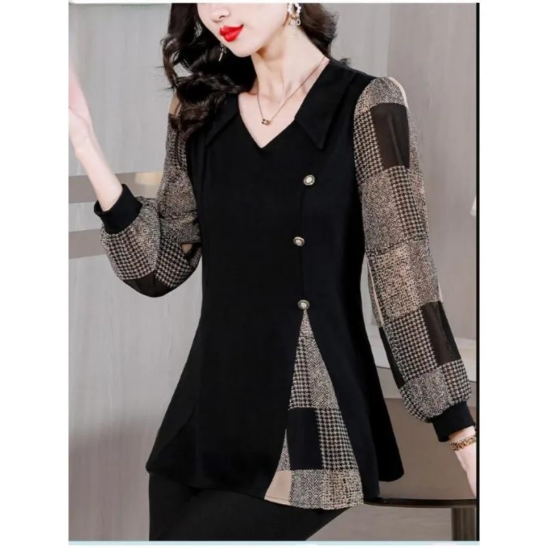 Office Lady Shirts 2024 Fall Autumn Basic Wear Work Women French Design Long Sleeve Button Patchwork Plaid Shirt Tops Blouses