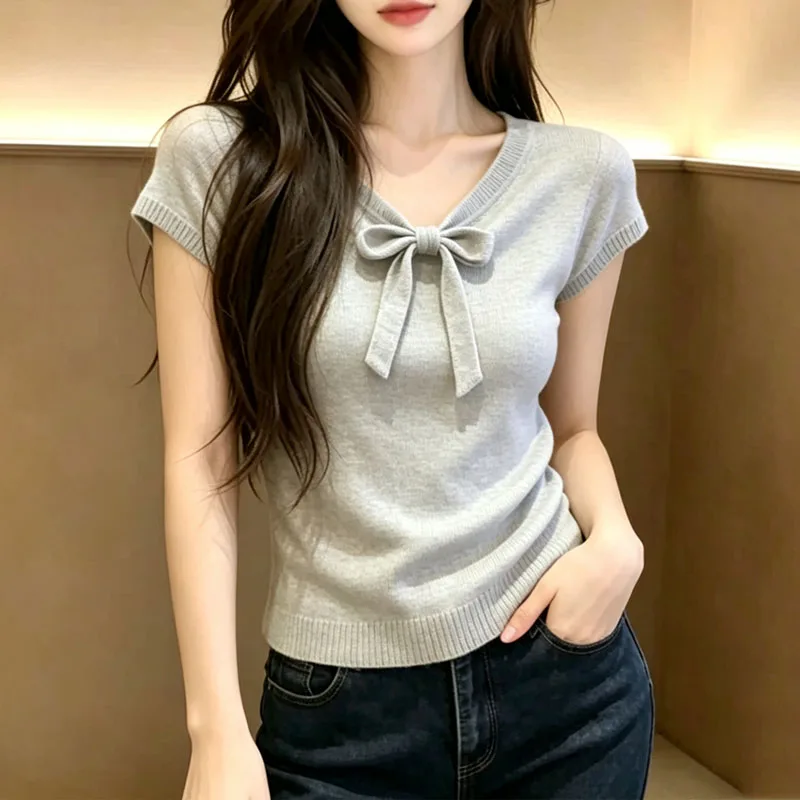 

Sueter Feminino New Summer Slim Bow Collar Knitted Sweater Women Pullovers Short Sleeve Knit Sweater Pullover Women Tops Q5230