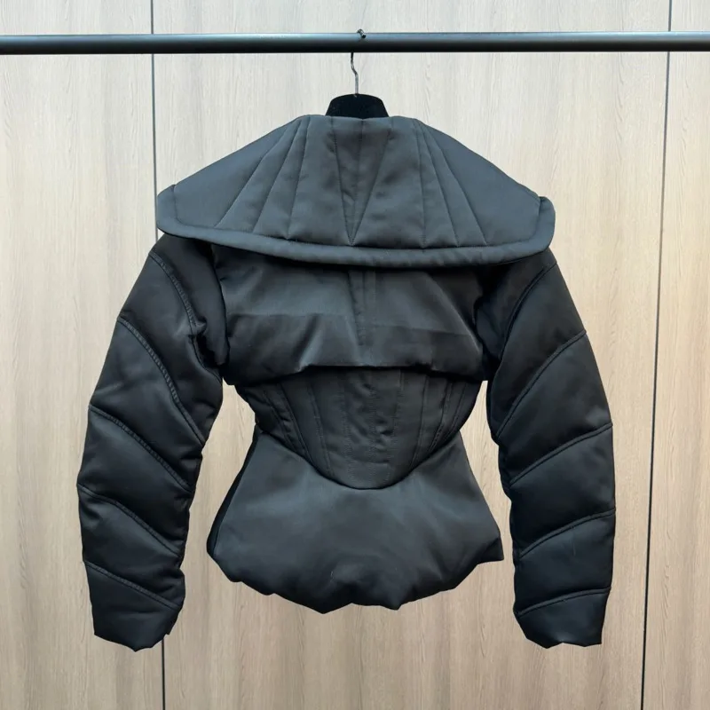 HKSH 2025 شتاء جديد المرأة أسفل معطف بدوره إلى أسفل طوق طويلة الأكمام سستة الخصر Cinching أنيق أنيق سترة منفوخة HK15236