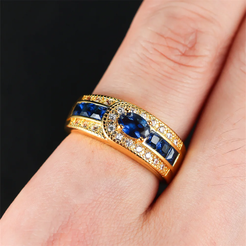 Blue Purple Crystal Oval Stone Ring Green Zircon Engagement Rings For Women Men Vintage Gold Color Wedding Bands Fashion Jewelry