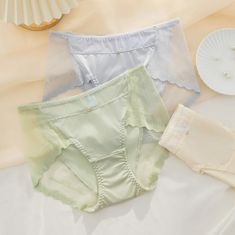 Calcinhas de renda para mulheres, seda 100% real, lingerie sexy, cuecas femininas confortáveis, cuecas aconchegantes, roupa íntima vírula, 3 peças por conjunto, 2024