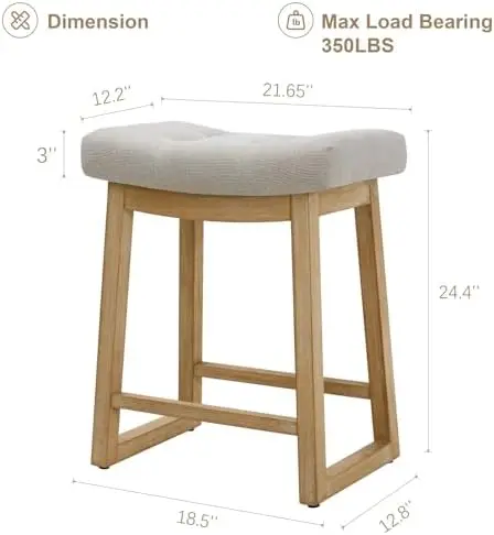 Counter Height Bar Stools Set of 2, 24 Inch Backless Upholstered Counter Stools with Solid Rubberwood Legs, Modern