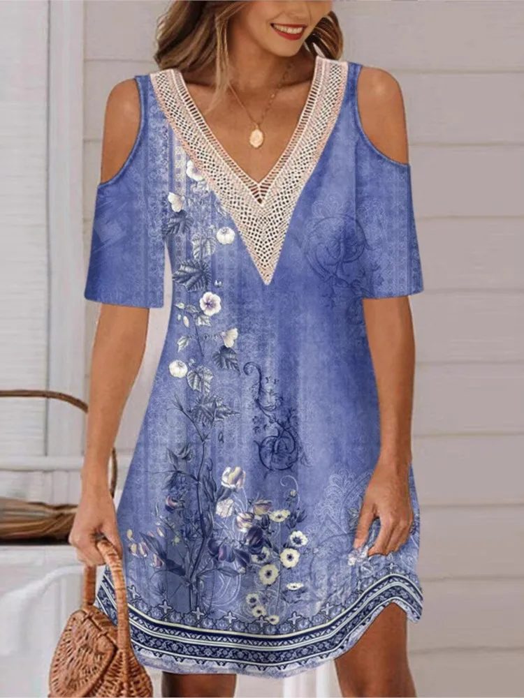 Mode Druck Kleid Für Frauen Casual V-ausschnitt Kurzarm Off Schulter Kleider Dame Boho Urlaub Rock Sommer Frauen Kleidung Neue