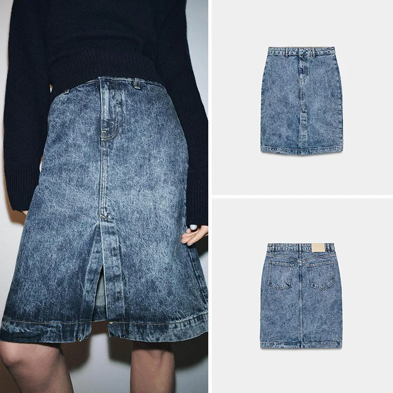 

Ele Pure Color Midi Skirt Spring New Arrival Women's Denim Faionable Personali mid Waist Trousers Stage Costume