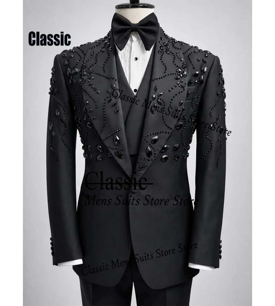 Customized Fashion Beading Men suit Simple Corset Gem For Evening Groom Male Prom Party Glitter Blazer 3 Pieces Set Tuxedos Slim