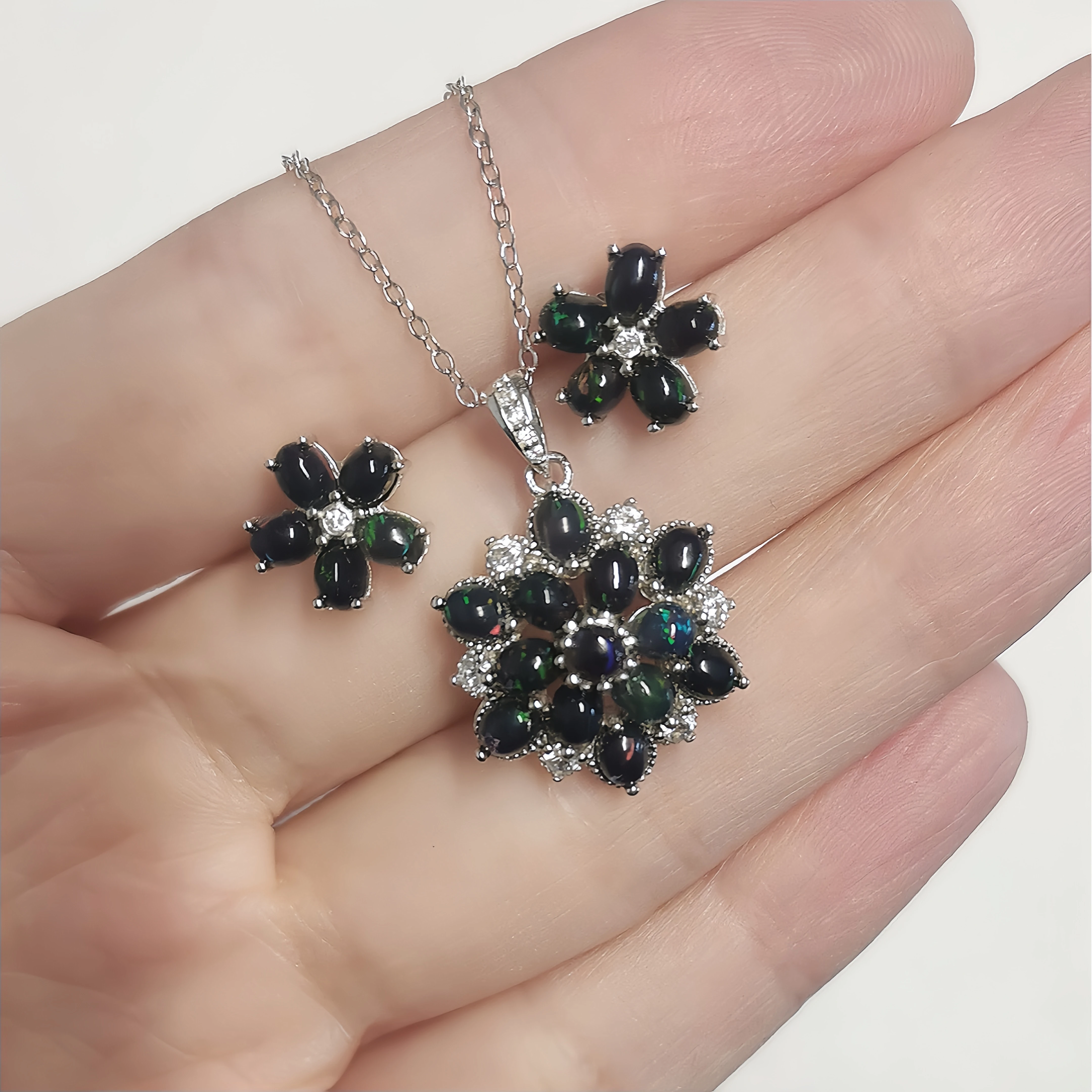 FS Natural 3*4mm Black Opal Flower Pendant Necklace Earrings Set S925 Pure Silver for Women Fine Weddings Charm Jewelry MeiBaPJ