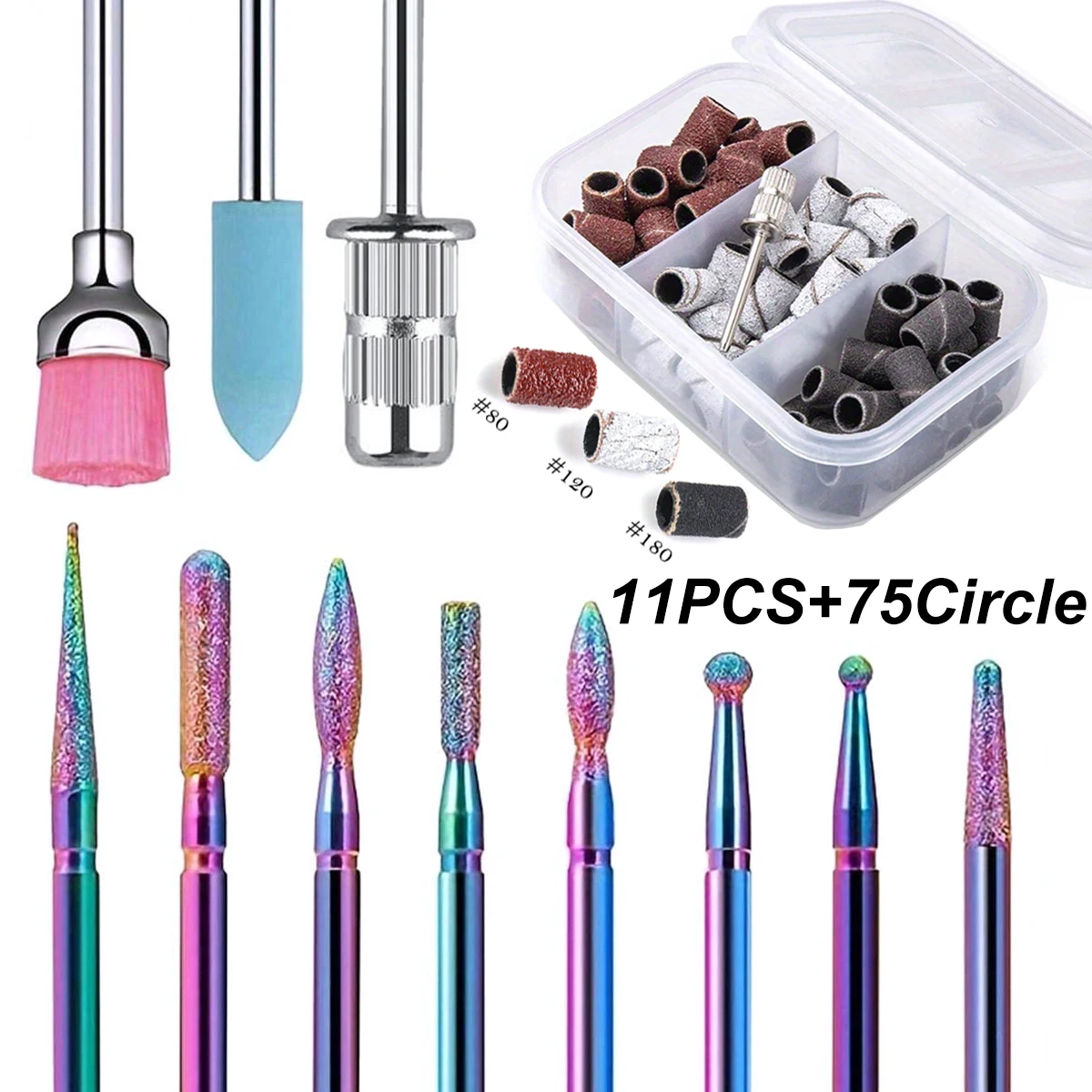 

11Pcs+75Pcs Caps Sanding Bands 180/120/80 Grit Professional Emery Diamond Nail Drill Bit Set Electric Manicure Nail File Bit