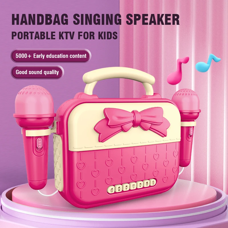 Kids Microphone Karaoke with Light Girls Handbag Music Speaker Instrument Sound Maker Toy Travel Educational Toy Gift for Child